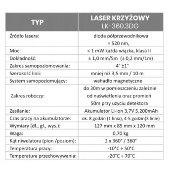 PRO LASER PŁASZCZYZNOWY PRO LK-360.3DG ZIELONA WIĄZKA