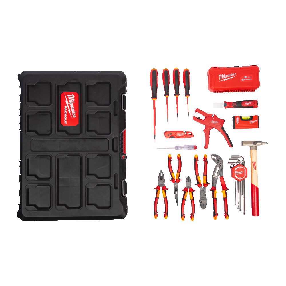 MILWAUKEE ZESTAW ELEKTRYKA SZCZYPCE WKRĘTAKI, NASADKI I KLUCZE, ŚCIĄGACZ IZOLACJI, PACKOUT- 62 ELEMENTY