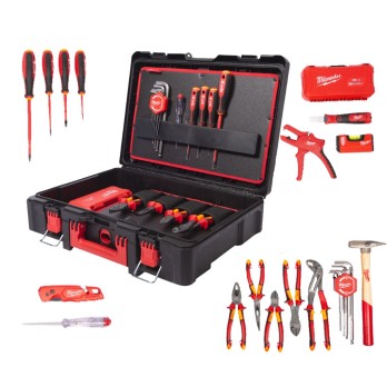 MILWAUKEE ZESTAW ELEKTRYKA SZCZYPCE WKRĘTAKI, NASADKI I KLUCZE, ŚCIĄGACZ IZOLACJI, SKRZYNIA PACKOUT - 62 ELEMENTY