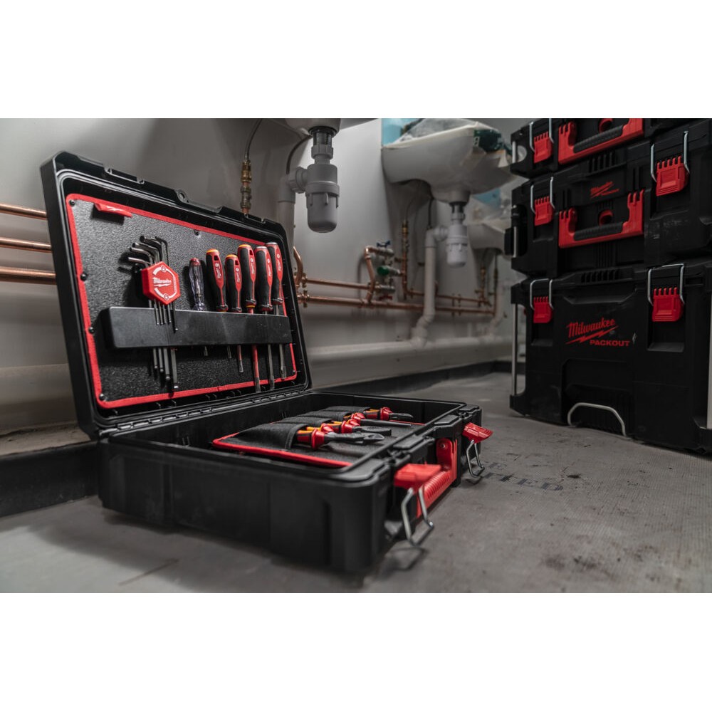 MILWAUKEE ZESTAW NARZĘDZI RĘCZNYCH ELEKTRYKA SZCZYPCE, WKRĘTAKI, KLUCZE, NASADKI, OBCINAK DO RUR, PACKOUT- 74 ELEMENTY