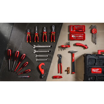 MILWAUKEE ZESTAW NARZĘDZI RĘCZNYCH ELEKTRYKA SZCZYPCE, WKRĘTAKI, KLUCZE, NASADKI, OBCINAK DO RUR, PACKOUT- 74 ELEMENTY