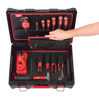 MILWAUKEE ZESTAW NARZĘDZI RĘCZNYCH ELEKTRYKA SZCZYPCE, WKRĘTAKI, KLUCZE, NASADKI, OBCINAK DO RUR, PACKOUT- 74 ELEMENTY