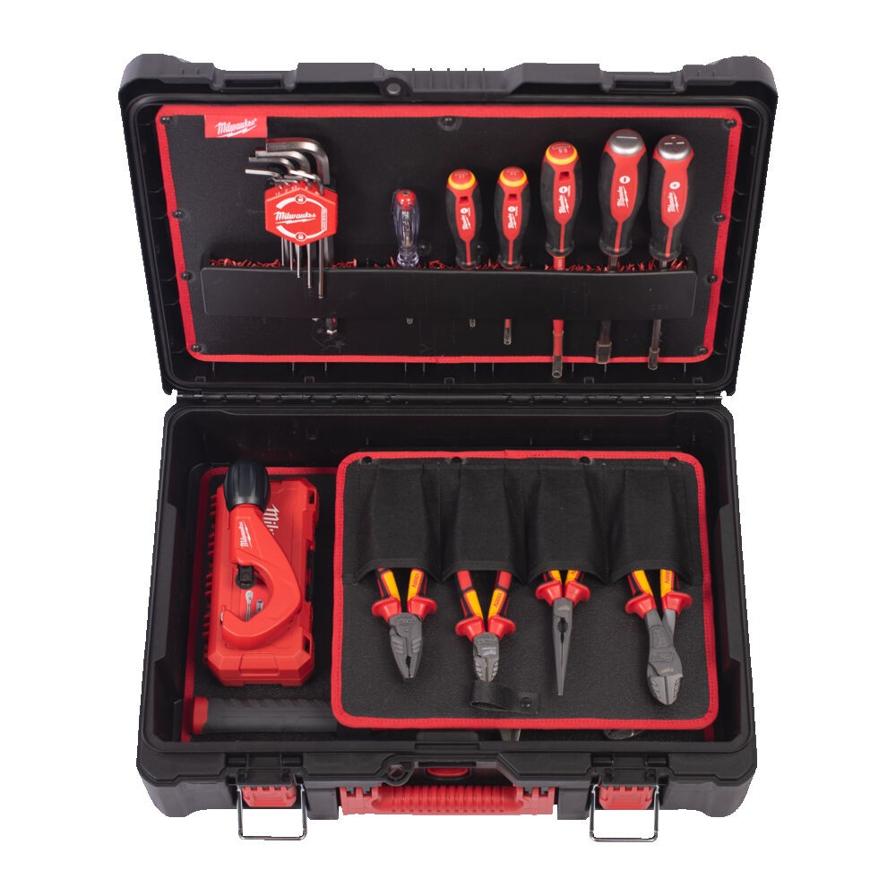 MILWAUKEE ZESTAW NARZĘDZI RĘCZNYCH ELEKTRYKA SZCZYPCE, WKRĘTAKI, KLUCZE, NASADKI, OBCINAK DO RUR, PACKOUT- 74 ELEMENTY