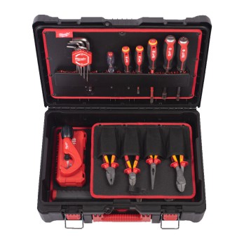 MILWAUKEE ZESTAW NARZĘDZI RĘCZNYCH ELEKTRYKA SZCZYPCE, WKRĘTAKI, KLUCZE, NASADKI, OBCINAK DO RUR, PACKOUT- 74 ELEMENTY