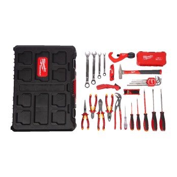 MILWAUKEE ZESTAW NARZĘDZI RĘCZNYCH ELEKTRYKA SZCZYPCE, WKRĘTAKI, KLUCZE, NASADKI, OBCINAK DO RUR, PACKOUT- 74 ELEMENTY