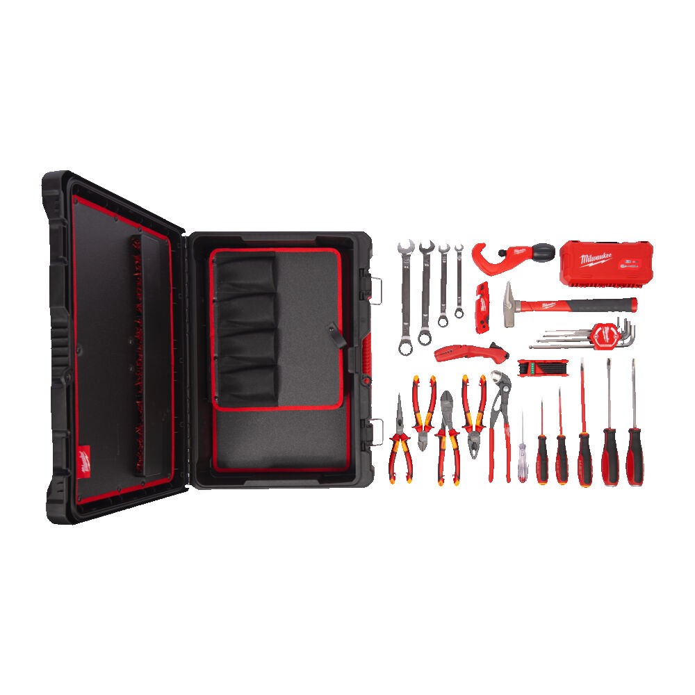 MILWAUKEE ZESTAW NARZĘDZI RĘCZNYCH ELEKTRYKA SZCZYPCE, WKRĘTAKI, KLUCZE, NASADKI, OBCINAK DO RUR, PACKOUT- 74 ELEMENTY