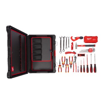 MILWAUKEE ZESTAW NARZĘDZI RĘCZNYCH ELEKTRYKA SZCZYPCE, WKRĘTAKI, KLUCZE, NASADKI, OBCINAK DO RUR, PACKOUT- 74 ELEMENTY