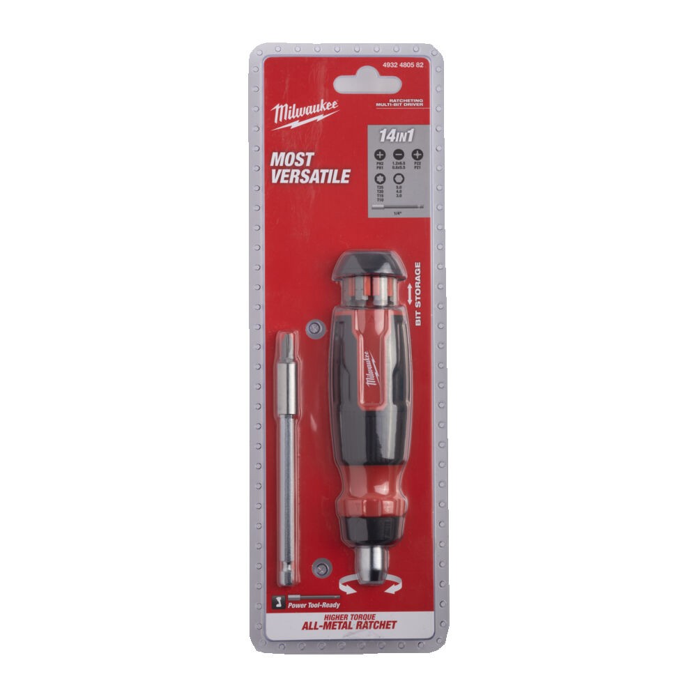 MILWAUKEE UNIWERSALNY WKRĘTAK 1/4" Z GRZECHOTKĄ 14 W 1- HEX, PZ, PH, T, SL